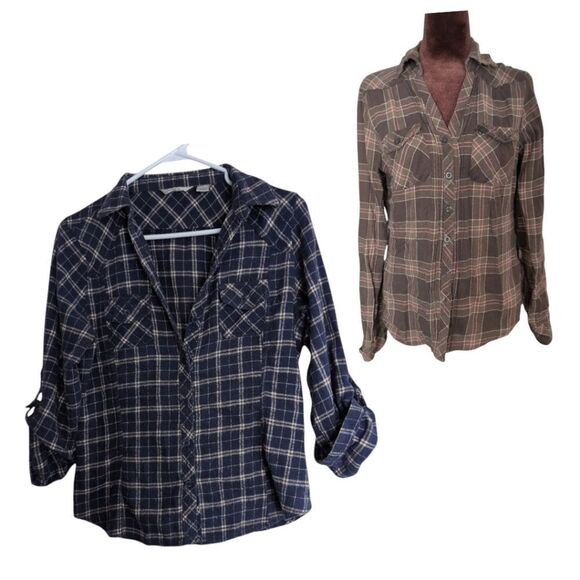 Anthropologie Derek heart bundle of 2 flannel plaid shirts size M navy, taupe - Picture 1 of 5